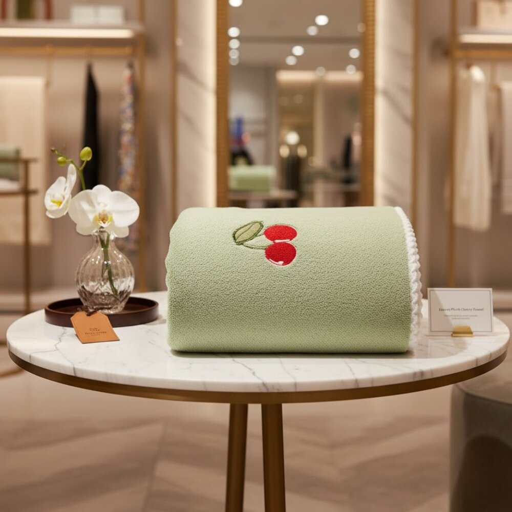 GREEN FULL SIZE CHERRY EMBROIDERED BATH TOWEL 1 PIECE